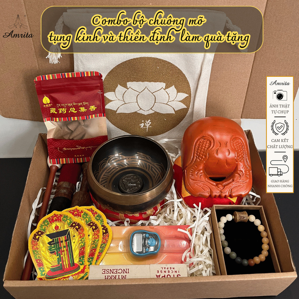 [Gift Set] Set of bells and wooden fish for chanting and meditation as a gift - Bells and wooden fish - Meditation bell - Amrita